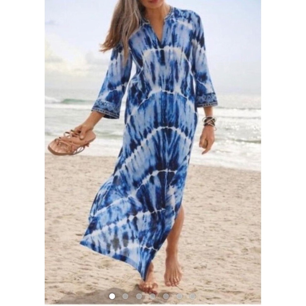 Soft Surroundings Sea Sprite Blue Tie Dye Maxi Dress Coverup L Boho Artsy Hippie